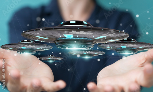 Fototapeta Naklejka Na Ścianę i Meble -  Businesswoman with retro UFO spaceship 3D rendering