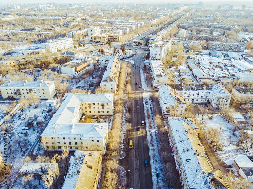 aerial view of the european town streets on a winter sunny day