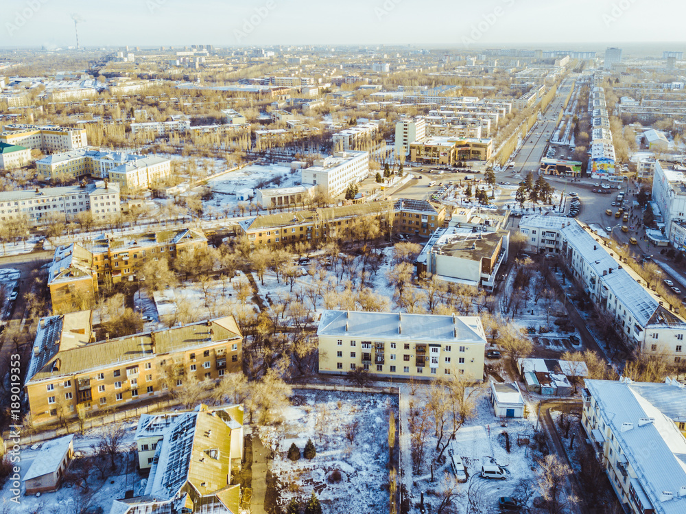 aerial view of the european town on a winter sunny day