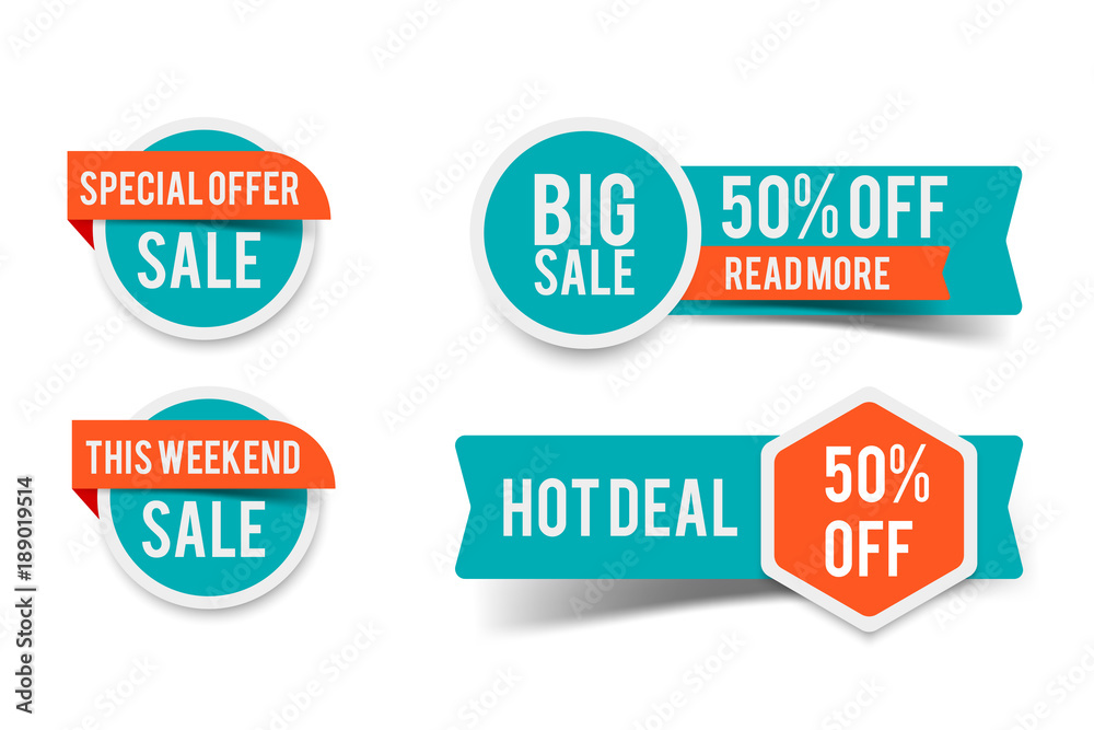 Sale round banner set, circle special offer tag collection. Hot deal 50% off badge template, this weekend only sale icon - obrazy, fototapety, plakaty 