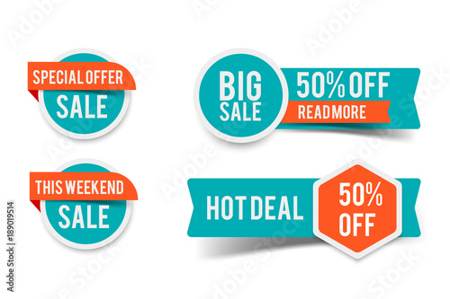 Sale round banner set, circle special offer tag collection. Hot deal 50% off badge template, this weekend only sale icon photo