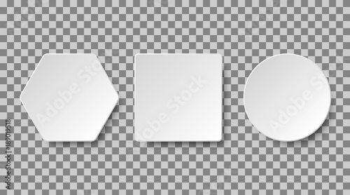Set of white blank buttons on a transparent background for apps and website. Paper or plastic realistic 3d shape collection. Vector elements, eps10