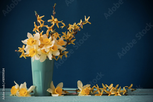 daffodils in vase on blue background