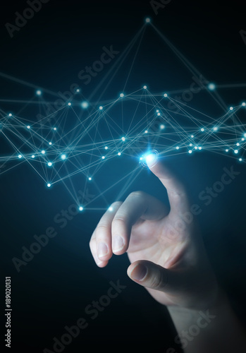 Businesswoman using flying network connection 3D rendering