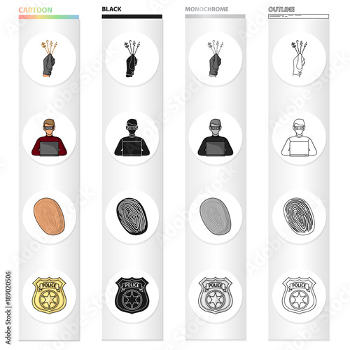 Lock picks in hand, criminal hacker, fingerprint, police badge. Crime set collection icons in cartoon black monochrome outline style vector symbol stock illustration web.