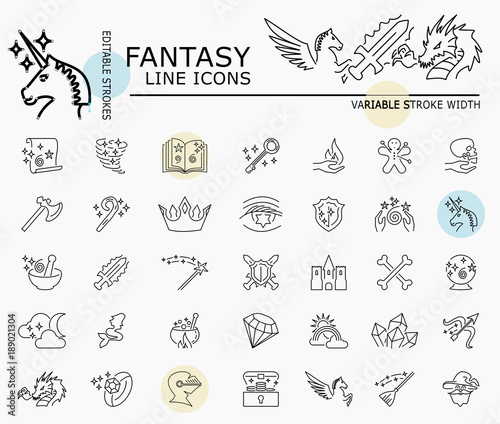 Fantasy line icons with minimal nodes and editable stroke width and style photo