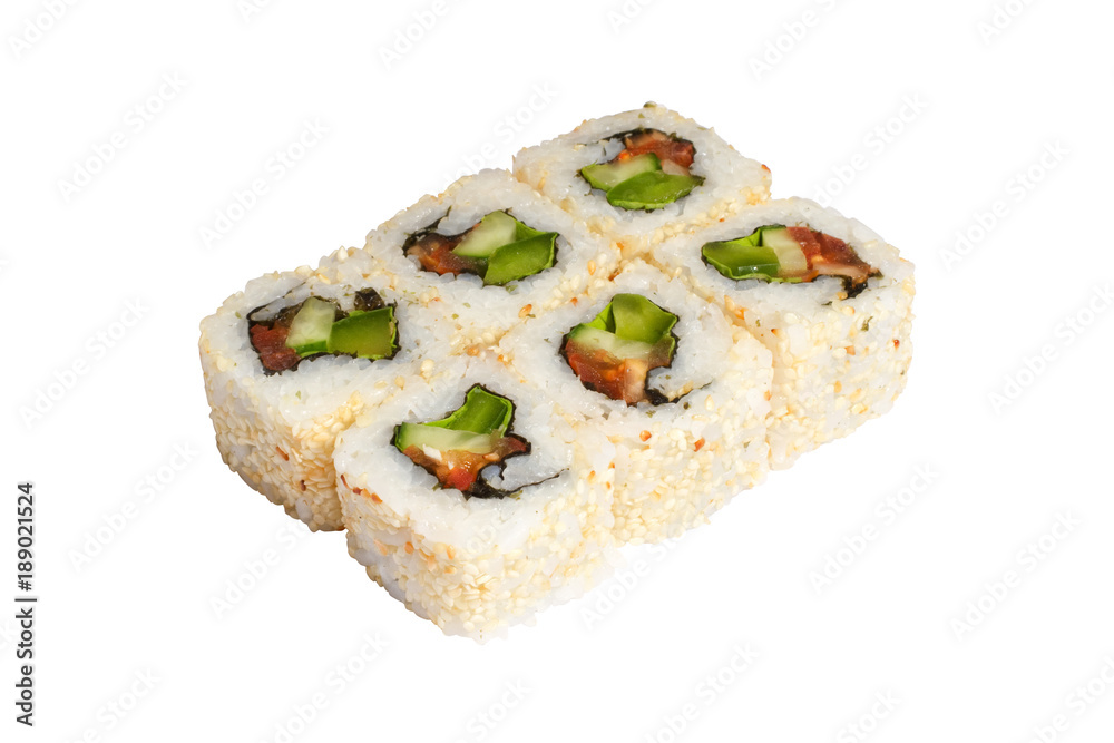 Rolls, sushi on white background isolated, rice, fish, avocado, fish roe
