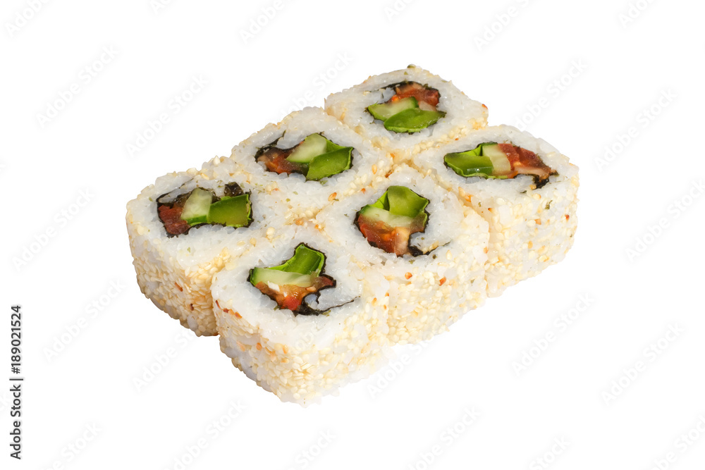 Rolls, sushi on white background isolated, rice, fish, avocado, fish roe Rolls, sushi on white background isolated, rice, fish, avocado, fish roe