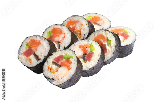 Rolls, sushi on white background isolated, rice, fish, avocado, fish roe