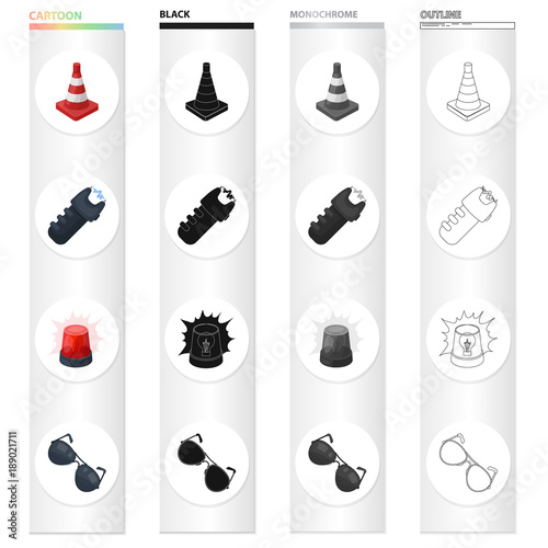 Restrictive cone, electric shock, police flasher, sunglasses. Police set collection icons in cartoon black monochrome outline style vector symbol stock illustration web.