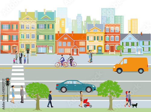 Stadt mit Straßenverkehr und Fußgänger, Illustration