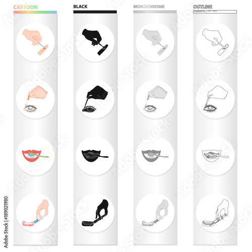 Incision on the finger, drip into the eye, caring for the teeth, prick in the gum. Medicine and dentistry set collection icons in cartoon black monochrome outline style vector symbol stock isometric
