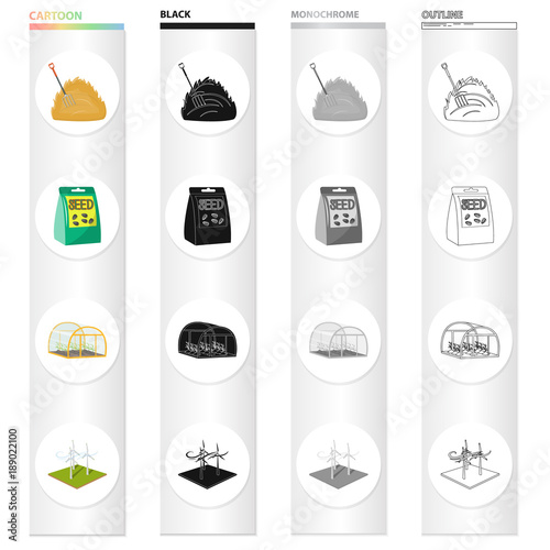 A haystack, a package with seeds for planting, a greenhouse on a farm, a wind generator. Farm and vegetable garden] set collection icons in cartoon black monochrome outline style vector symbol stock