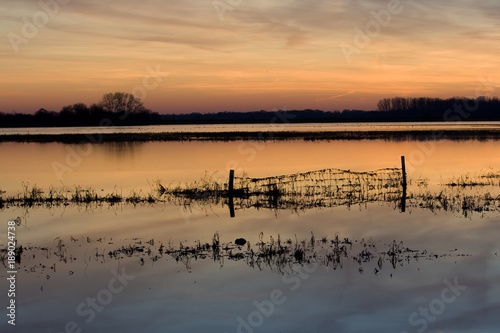 zaun auf einer überschwemmten weide bei sonnenuntergang © heidepinkall