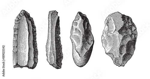Stone age tools collection / vintage illustration from Meyers Konversations-Lexikon 1897  photo