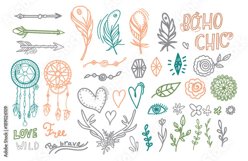 Big collection of hand drawn boho elements