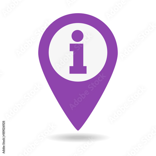 Map pointer with information icon on white background.