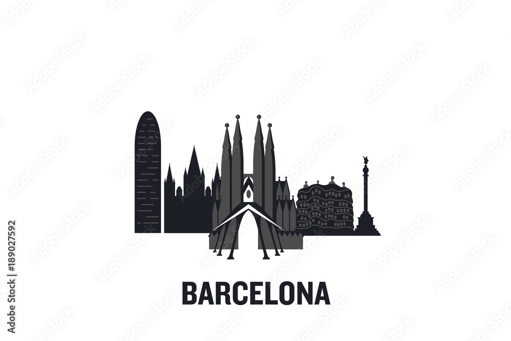 Skyline illustration of Barcelona. Flat vector design.