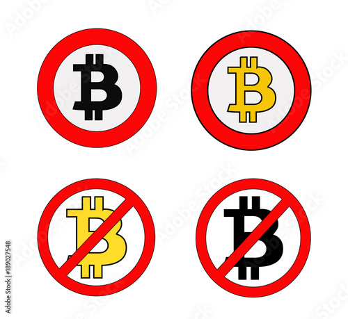 Set bitcoin cryptocurrency designs in forbidden signal. Prohibition concept of the digital or virtual currencies, revolutionary new electronic money. Isolated vector.