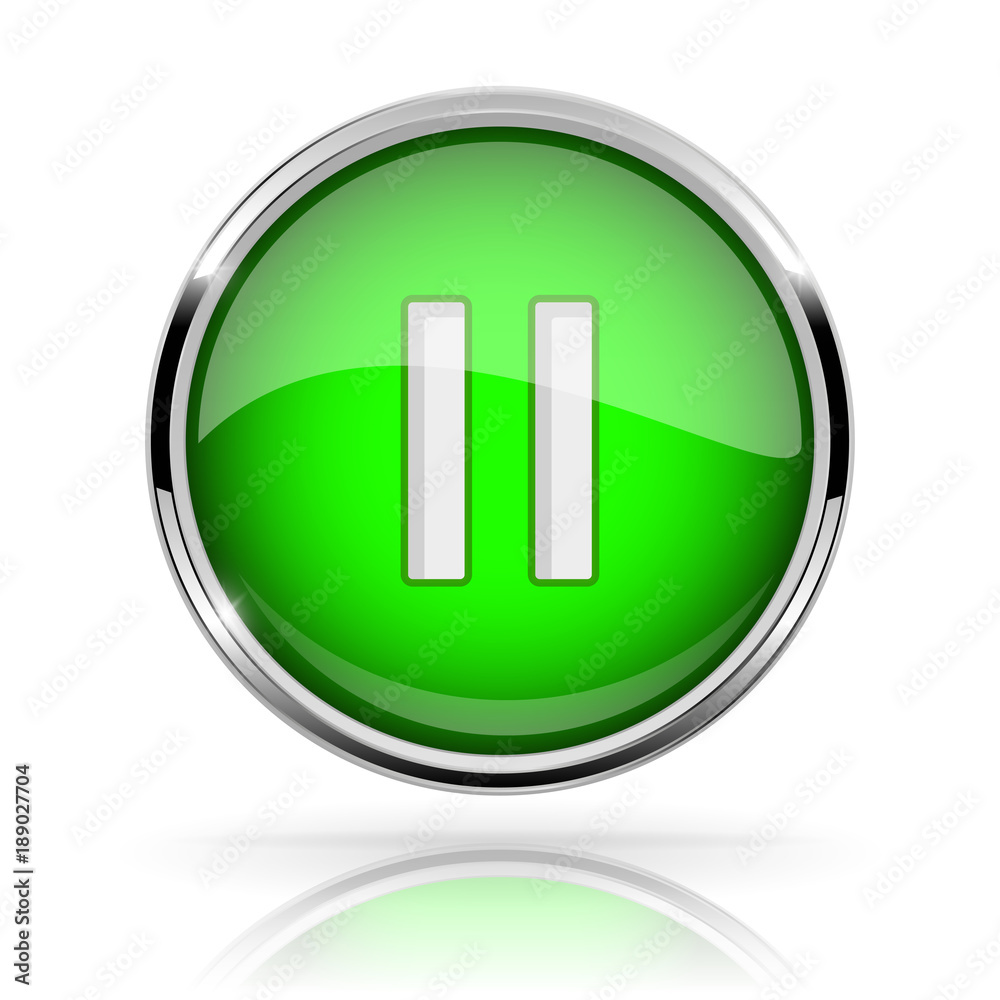 Green round media button. PAUSE button. Shiny icon with chrome frame and with reflection Green round media button. PAUSE button. Shiny icon with chrome frame and with reflection