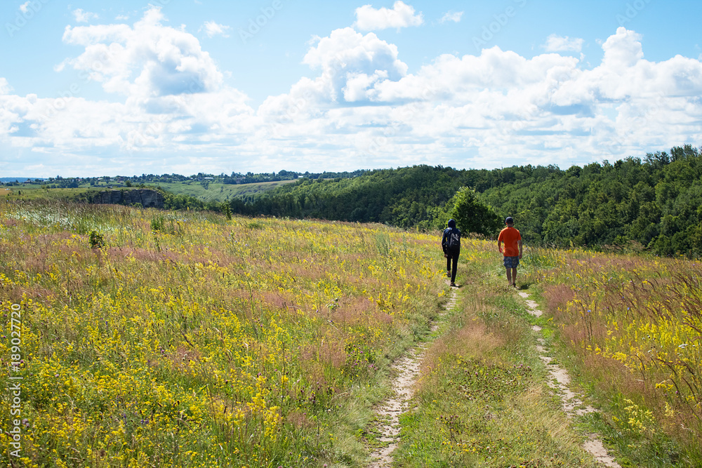 Two teenage boys are walking along the country border into the distance of a beautiful meadow Two teenage boys are walking along the country border into the distance of a beautiful meadow
