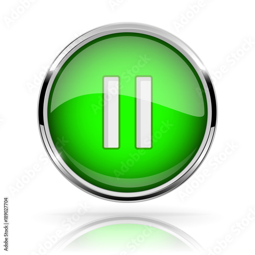 Green round media button. PAUSE button. Shiny icon with chrome frame and with reflection