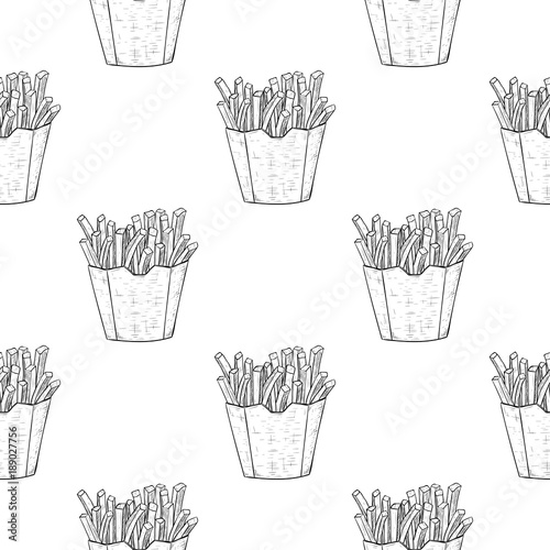 French fries as seamless pattern. Black and white hand drawn sketch