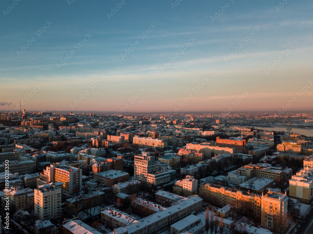 City at dawn aerial view