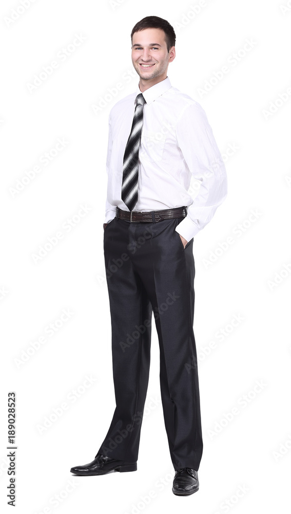 Full length of young successful manager smiling isolated on white Full length of young successful manager smiling isolated on white