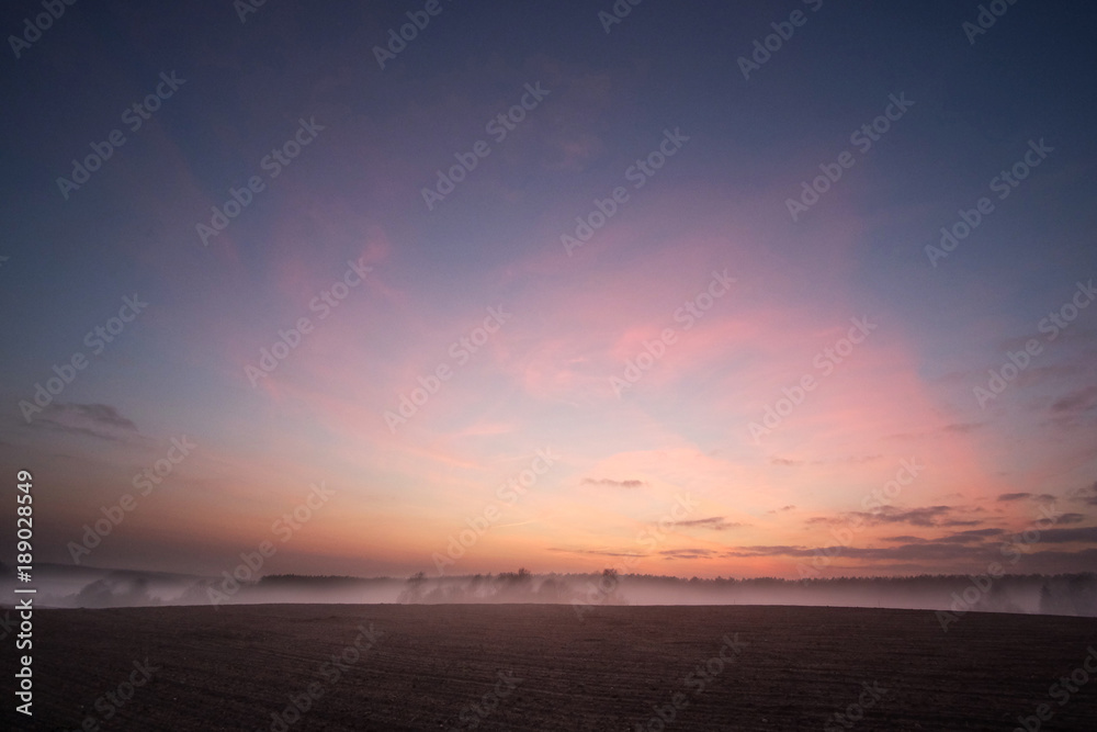 sunset and fog in the field