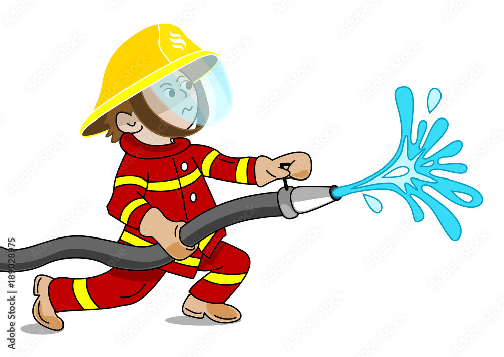 A small fireman holding a fire hose from which water flows - cartoon vector  graphic Stock Vector