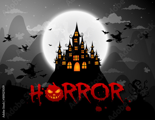 haunted house and full moon with ghost,horror night background.Vector illustration.