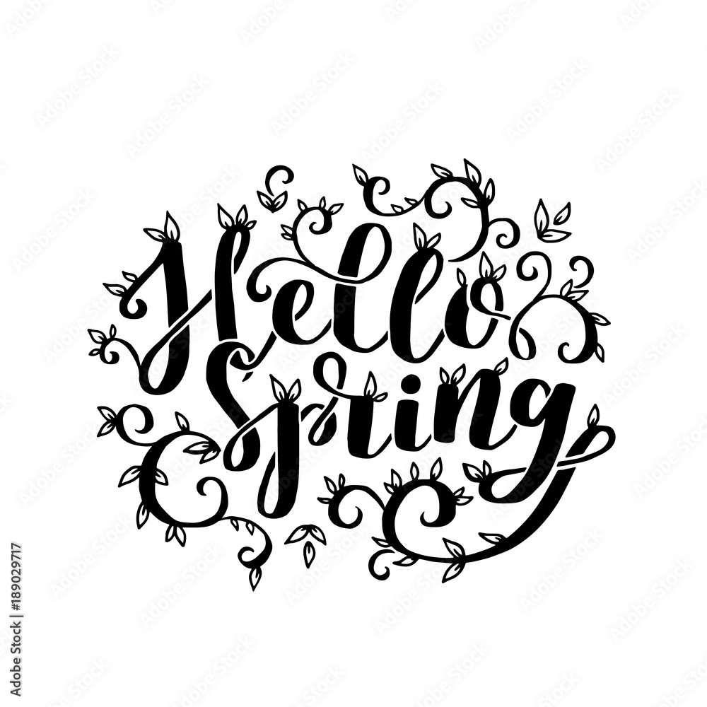 Hand lettering template Hello Spring. Vector illustration with brush elements and phrase on white isolated background. Hand lettering template Hello Spring. Vector illustration with brush elements and phrase on white isolated background.