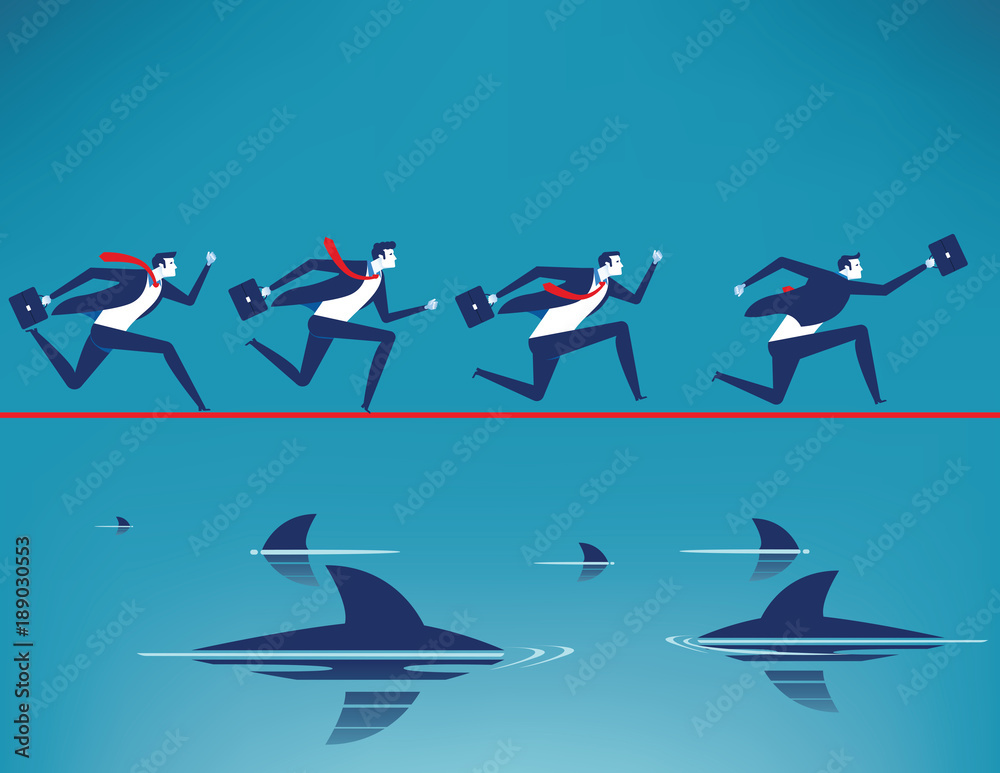 Risk. Business team running on tightrope in rope with floating predatory sharks. Concept business vector illustration.