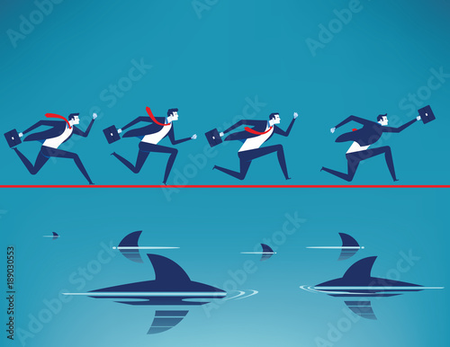 Risk. Business team running on tightrope in rope with floating predatory sharks. Concept business vector illustration.