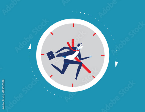 Businessman running away in clock. Concept business vector illustration. Flat design style.