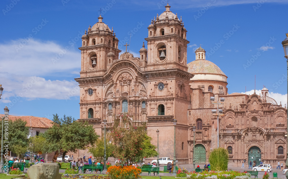 view from the plaza de armas on Cusco cathedral Peru