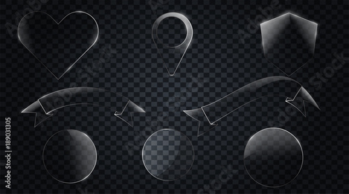 Set of glass drawn ribbons / banners. Hand drawn Badge, banner, ribbon, flag, sunburst design element.