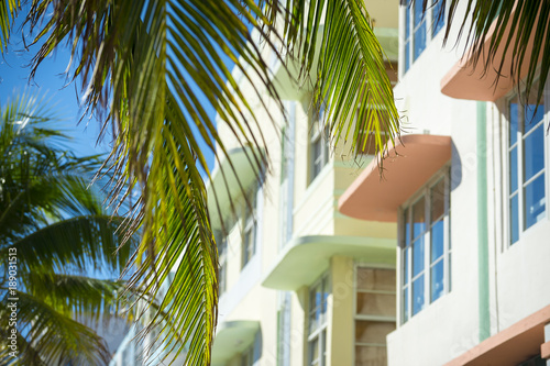 Architectural details in pastel colors of a traditional Art Deco building in Miami Beach, Florida, USA © lazyllama