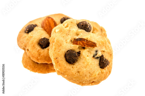 Cookies with chocolete chip and almond isolated on white background.
