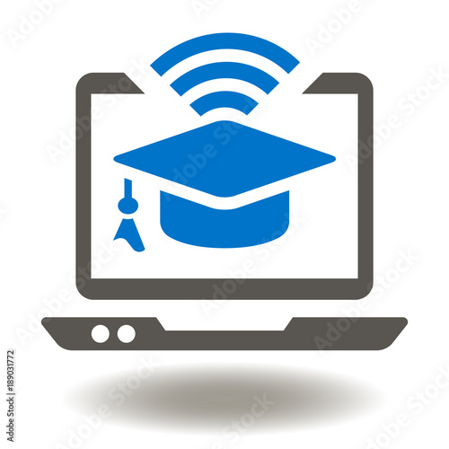 Laptop Graduation Cap WiFi Icon Vector. Wireless Connection Mobile Computing Education Illustration. E-Learning Logo. Online Web Courses Training Webinar Symbol.