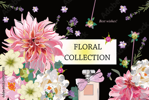 Fototapeta Naklejka Na Ścianę i Meble -  Series of greeting backgrounds with summer and spring flowers. Floral decorations with peonies, roses and dahlias. Vector illustration. 