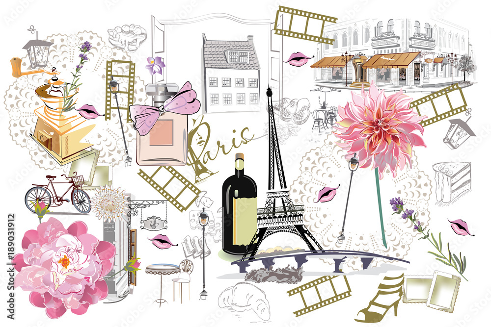 Naklejka premium Zestaw ilustracji Paryża z modnymi dziewczynami, kawiarniami i muzykami. Ilustracji wektorowych.