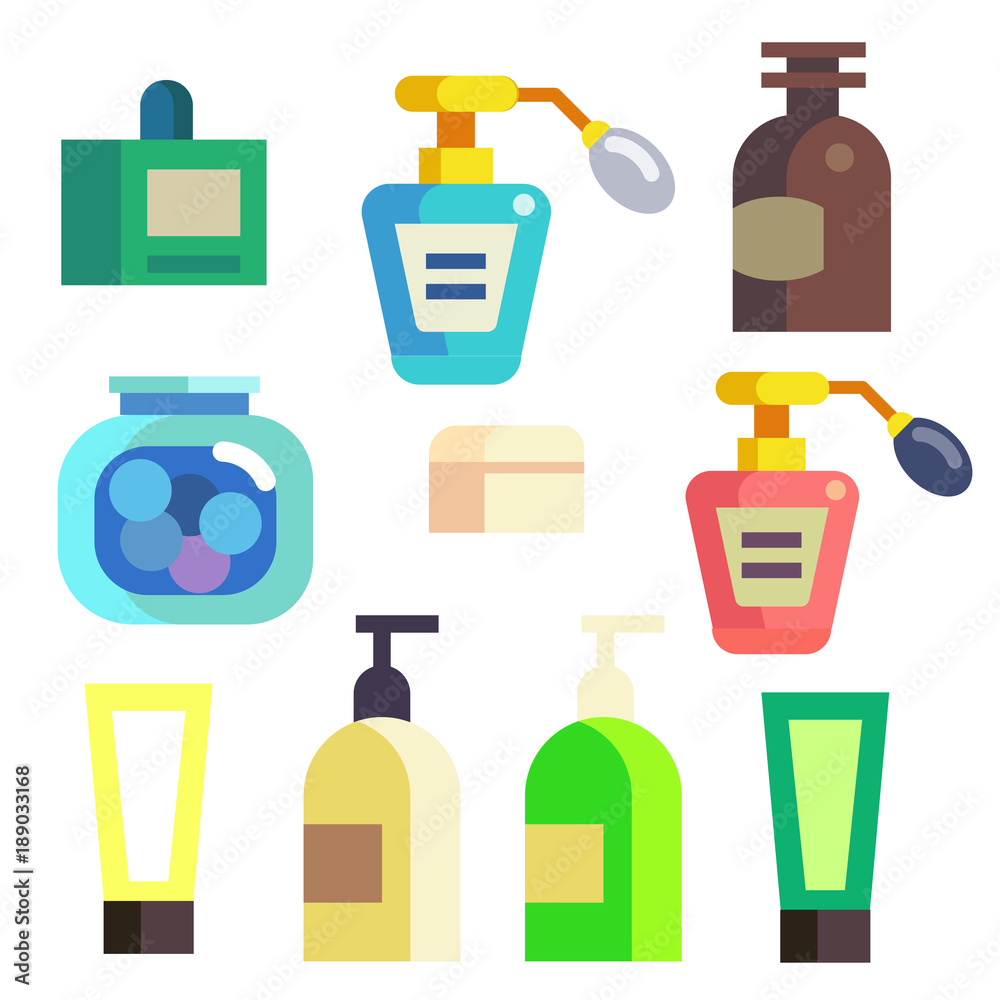 Bath Cosmetics in Bottles and Tubes Icons Set Bath Cosmetics in Bottles and Tubes Icons Set