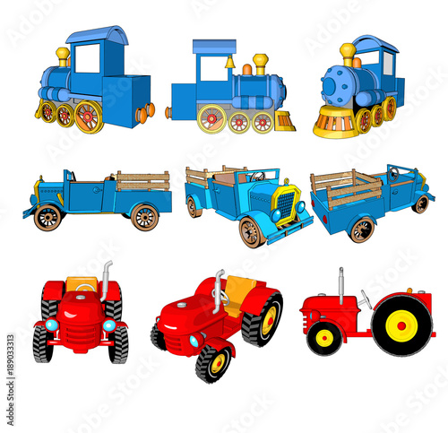 technics locomotive car tractor retro blue red cartoon style collage different kind white details design background isolate