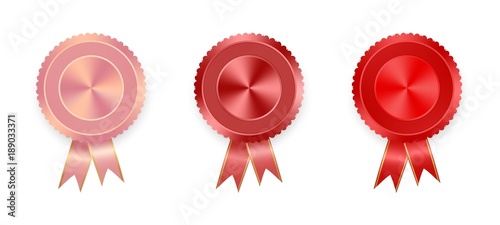 Set of vector labels pink, dark pink and red with colored ribbons with gold ribbon on white background. Collection of world medals for winning products. Pink medal, dark pink medal, red medal 