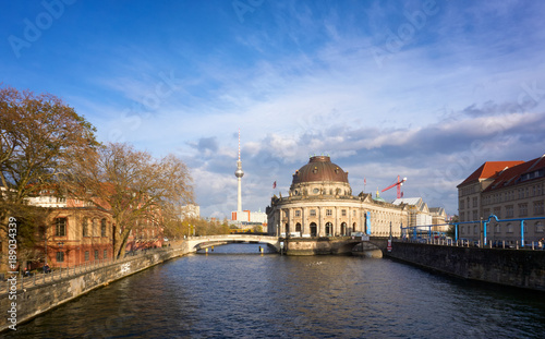 View of Bode Museum and Berlin TV Tower from Eberbruecke bridge in Berlin at sunset © Luis