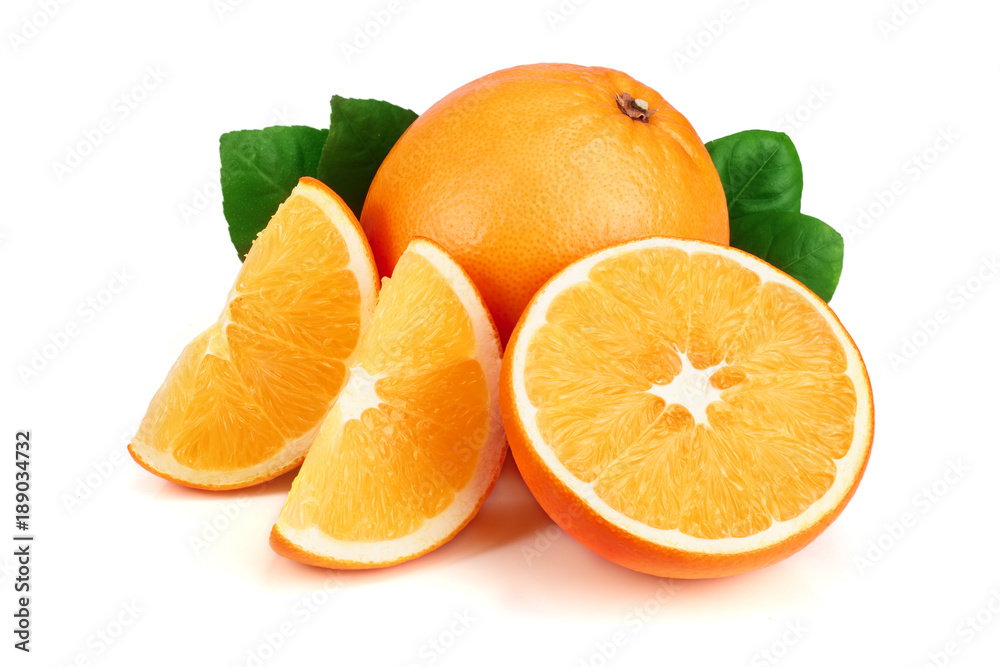 Orange with slice and leaf isolated on the white background Orange with slice and leaf isolated on the white background