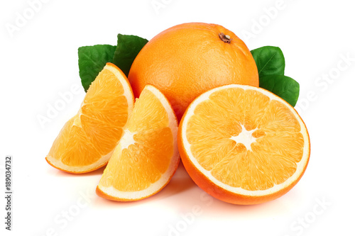 Orange with slice and leaf isolated on the white background