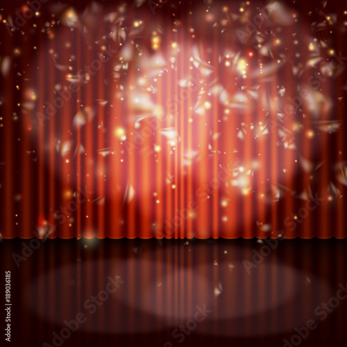 Spotlight on red curtain with glitter light. EPS 10 vector